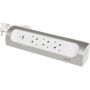 Подовжувач кутовий 3х2К+З розетки 16 А з USB A+C, з кабелем 2 м, алюміній, фарбований у колір білий