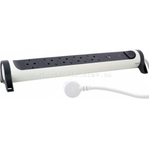Подовжувач ПРЕМІУМ 5х2К+З розеток 16 А USB A+C, із ПЗІП, з кабелем 1,5 м, колір білий/чорний