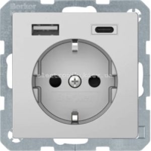 Розетка із заземленнямм 16А/250В + 2хUSB A-С /3A Hager-Berker (Q1, Q3, Q7) алюміній з ефектом оксамиту