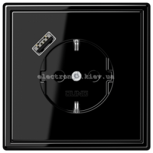 Розетка із заземленнямм +USB type A | fast charge JUNG LS990 чорний глянець