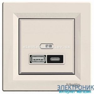Розетка Schneider (Шнайдер) Asfora USB подвійна 2,1A слонова кістка