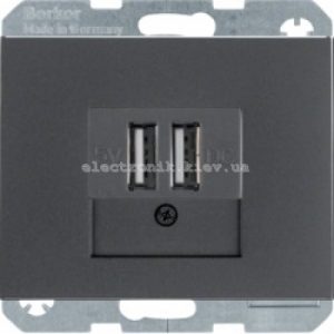 Розетка USB для підзарядки, 2 роз'єми, 5V/1A, 230V Hager-Berker K1, K5 антрацит матовий лак