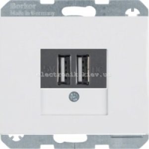 Розетка USB для підзарядки, 2 роз'єми, 5V/1A, 230V Hager-Berker K1, K5 полярна білизна глянцевий