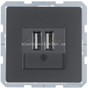 Розетка USB для підзарядки, 2 роз'єми, 5V/1A, 230V Hager-Berker (Q1, Q3, Q7) антрацит, з ефектом оксамиту