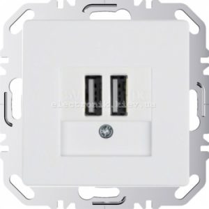 Розетка USB для підзарядки, 2 роз'єми, 5V/1A, 230V Hager-Berker (Q1, Q3, Q7) полярна білизна, з ефектом оксамиту
