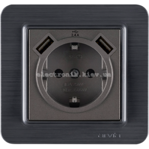 Розетка з заземленням зі шторками USB-A + USB-A 5V-2.4A, Антрацит LAVIN