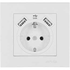Розетка з заземленням зі шторками USB-A + USB-A 5V-2.4A, Білий KAREN