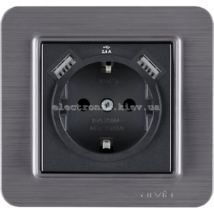 Розетка з заземленням зі шторками USB-A + USB-A 5V-2.4A, Димчатий LAVIN
