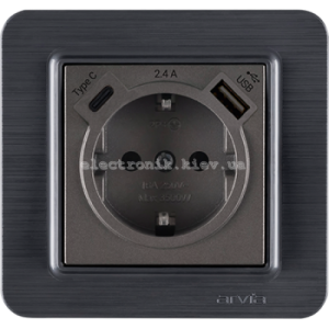 Розетка з заземленням зі шторками USB-A + USB-C 5V-2.4A, Антрацит LAVIN
