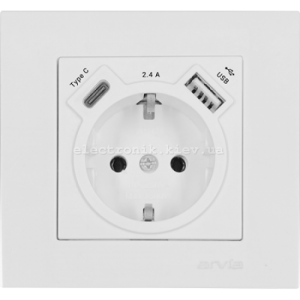 Розетка з заземленням зі шторками USB-A + USB-C 5V-2.4A, Білий KAREN