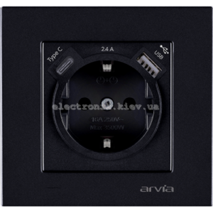 Розетка з заземленням зі шторками USB-A + USB-C 5V-2.4A, Чорний KAREN