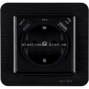 Розетка з заземленням зі шторками USB-A + USB-C 5V-2.4A, Чорний LAVIN