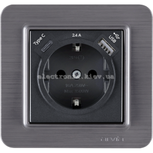 Розетка з заземленням зі шторками USB-A + USB-C 5V-2.4A, Димчатий LAVIN