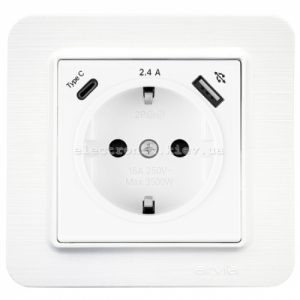 Розетка з заземленням зі шторками USB-A + USB-C 5V-2.4A, Матовий білий LAVIN