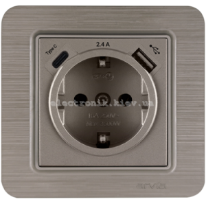 Розетка з заземленням зі шторками USB-A + USB-C 5V-2.4A, Мідь LAVIN