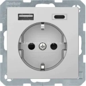 Розетка із заземленнямм 16А/250В + 2хUSB A-С /3A Hager-Berker (Q1, Q3, Q7) алюміній з ефектом оксамиту