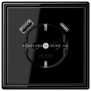 Розетка із заземленнямм +USB | type A + type C JUNG LS990 чорний глянець