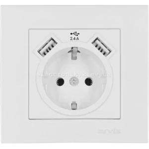Розетка з заземленням зі шторками USB-A + USB-A 5V-2.4A, Білий KAREN