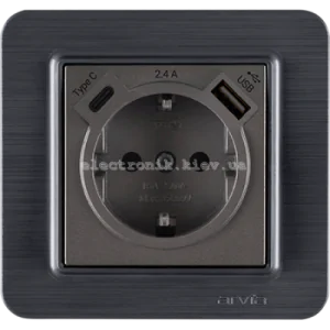 Розетка з заземленням зі шторками USB-A + USB-C 5V-2.4A, Антрацит LAVIN