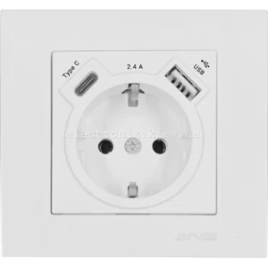 Розетка з заземленням зі шторками USB-A + USB-C 5V-2.4A, Білий KAREN