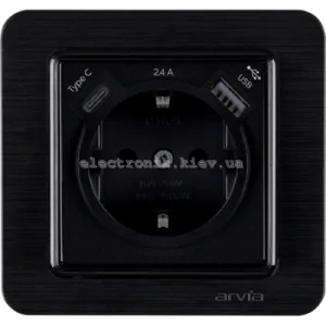 Розетка з заземленням зі шторками USB-A + USB-C 5V-2.4A, Чорний LAVIN