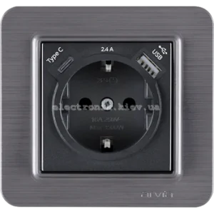 Розетка з заземленням зі шторками USB-A + USB-C 5V-2.4A, Димчатий LAVIN