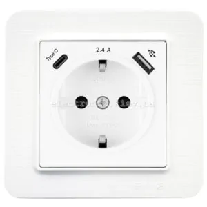 Розетка з заземленням зі шторками USB-A + USB-C 5V-2.4A, Матовий білий LAVIN